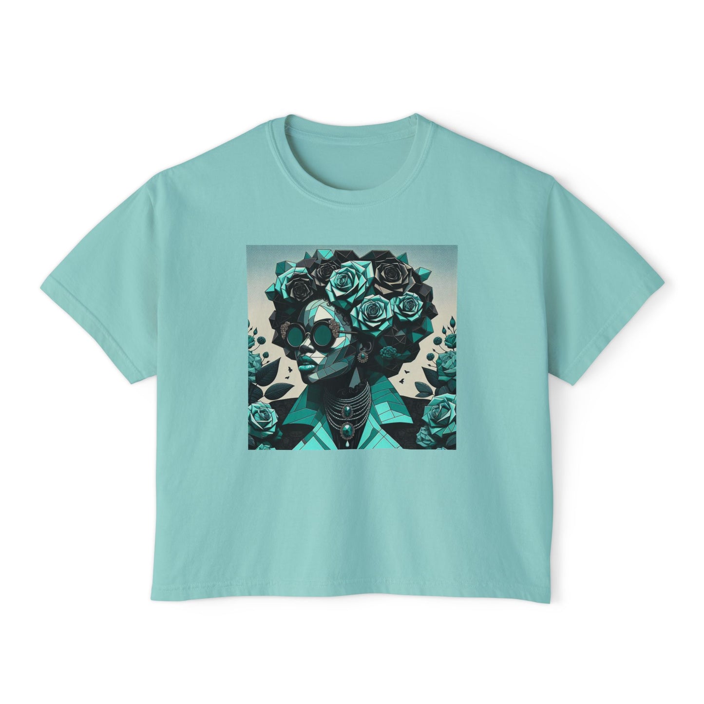 Floral Skull Women's Boxy Tee, Casual Outfit, Graphic Tee, Festival Fashion, Gift for Her - Turquoise & Black Roses Lady