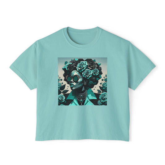 Floral Skull Women's Boxy Tee, Casual Outfit, Graphic Tee, Festival Fashion, Gift for Her - Turquoise & Black Roses Lady