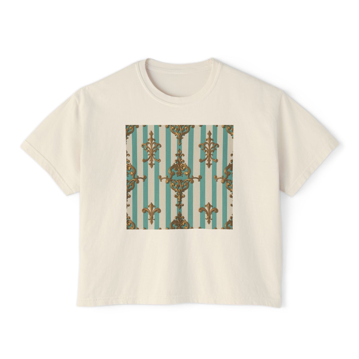 Chic Floral Women's Boxy Tee, Casual Summer Top, Trendy Graphic Shirt, Perfect Gift for Her - Matte Green Striped Rococo