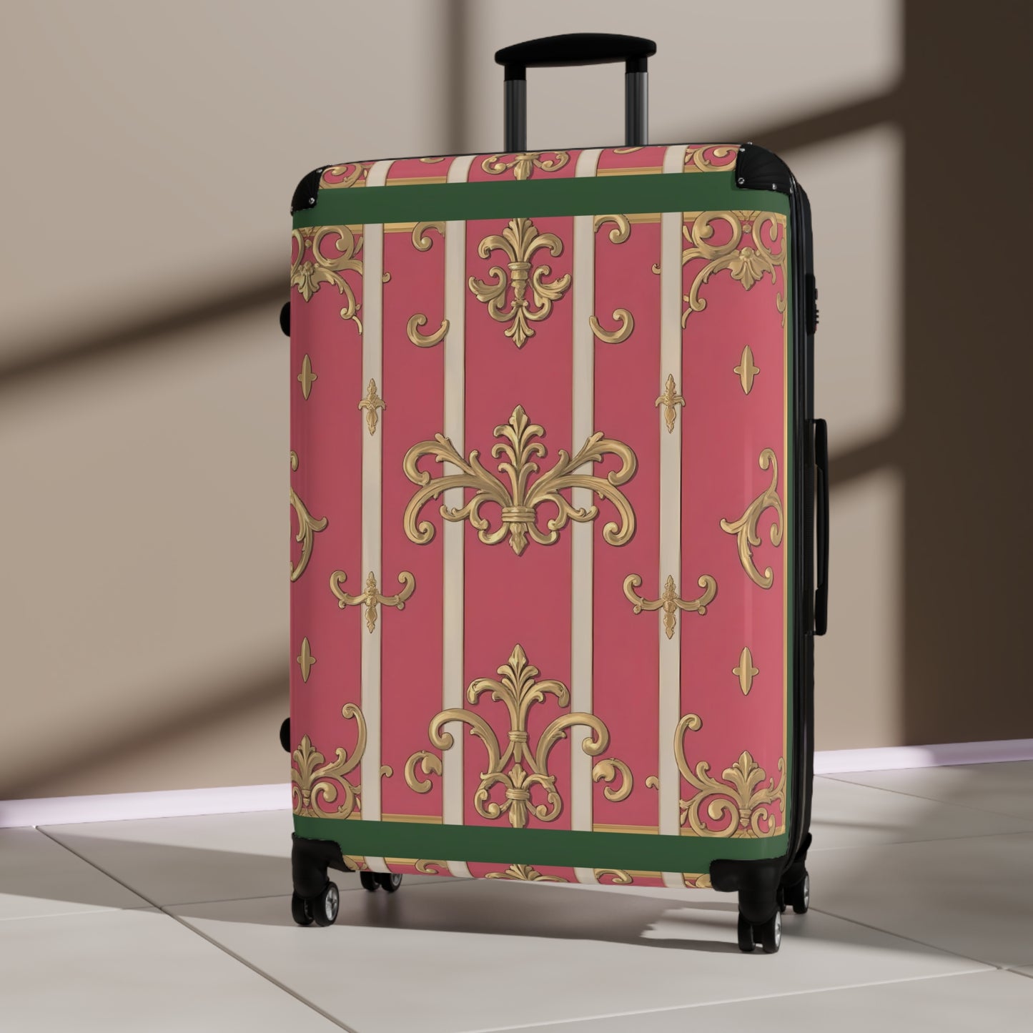Elegant Green Border Pink Striped Baroque Suitcase for Travelers, Stylish Luggage for Vacations and Getaways, Gift for Adventure Lovers