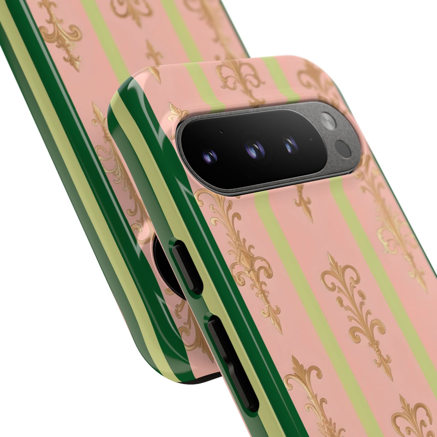 Elegant Floral Motif Phone Case - Tough Cases with Vintage Design - Lime Green & Pink Striped Damask