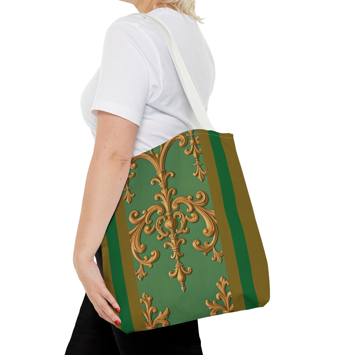 Ornate Floral Tote Bag, Chic Shopping Bag, Fashionable Eco Tote, Stylish Gift for Her, Versatile Everyday Use - Olive Green Striped Rococo