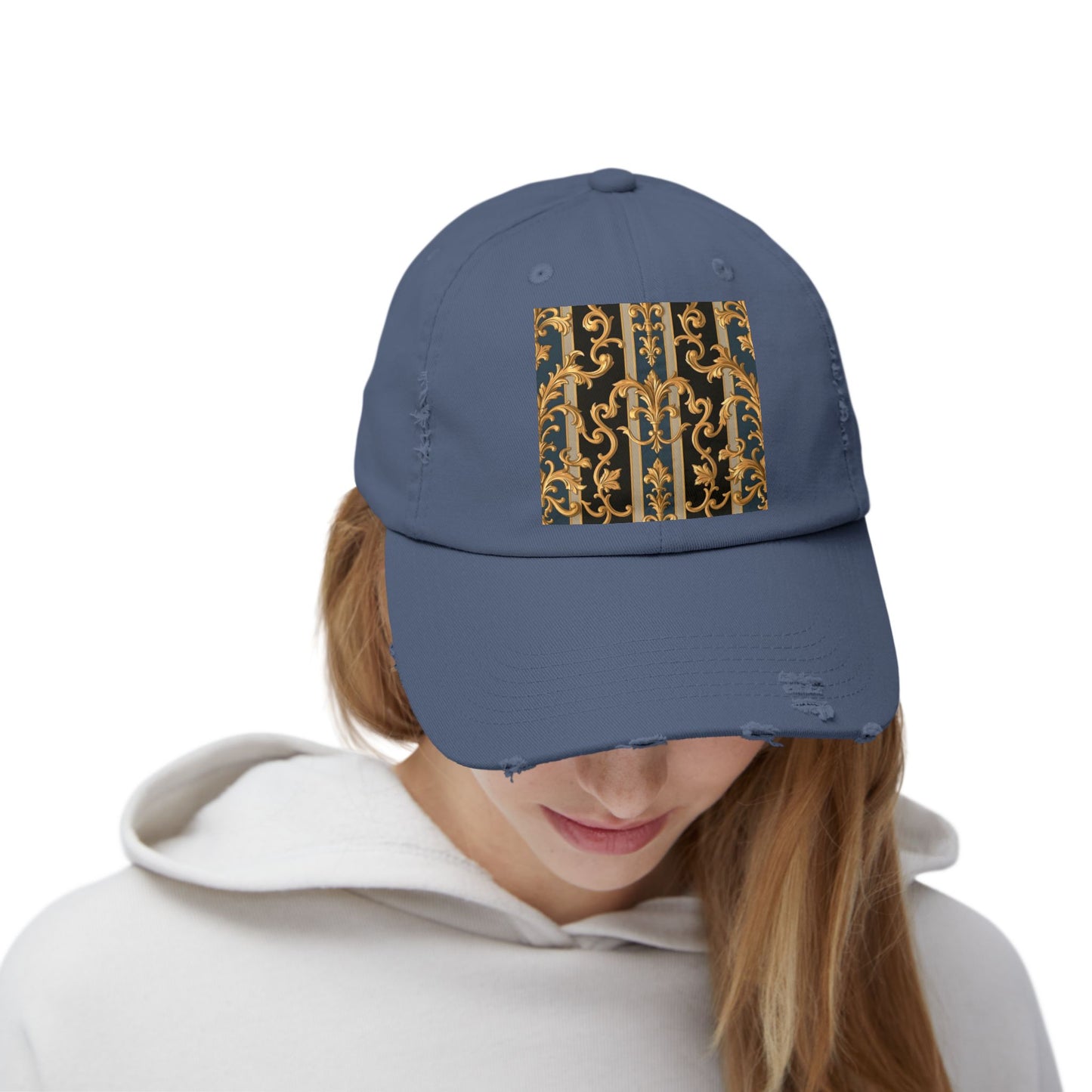 Unisex Distressed Cap with Elegant Gold Pattern, Vintage Style Hat, Casual Fashion Accessory - Blue & Black Striped Rococo