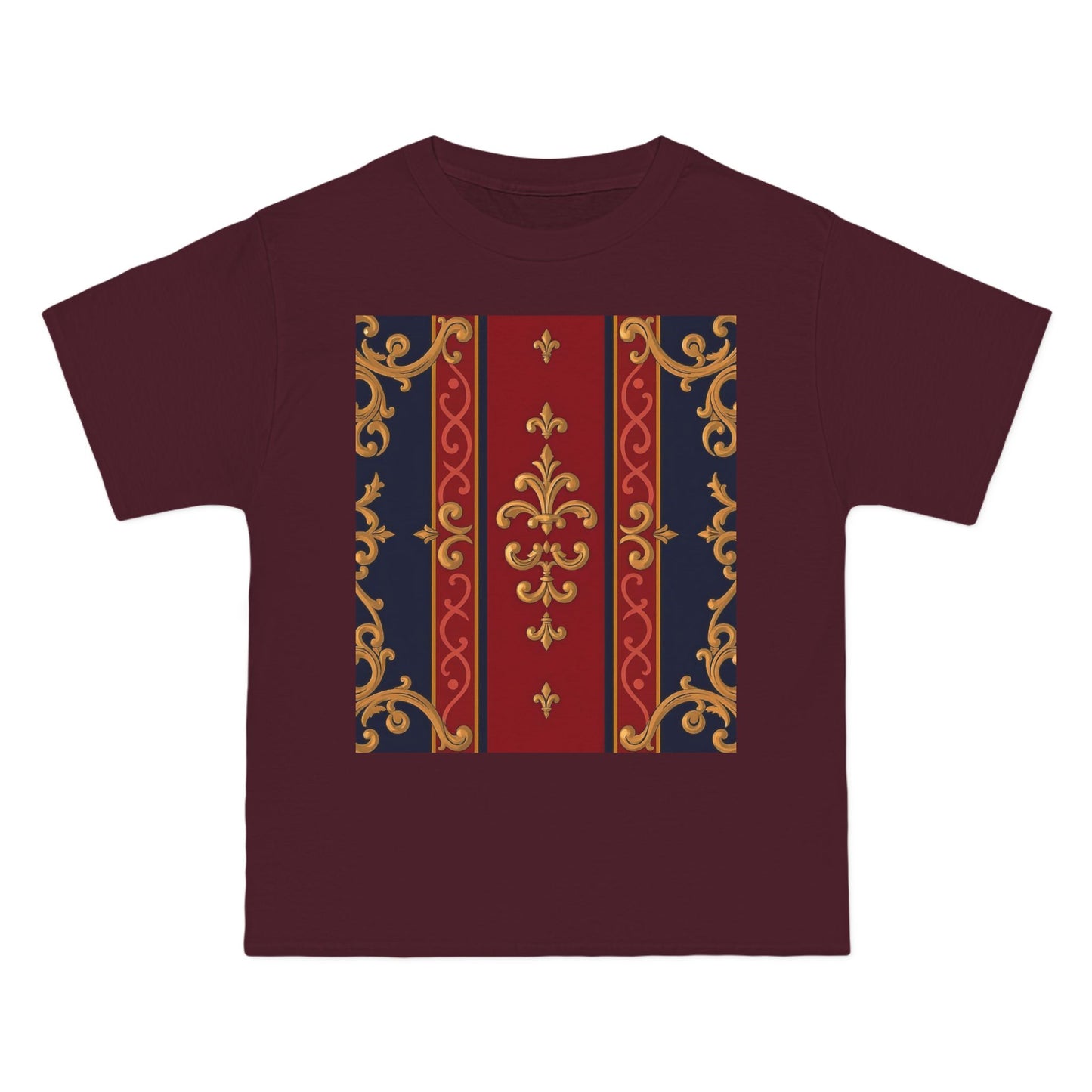 Elegant Baroque T-Shirt for Fashion Lovers, Casual Wear, Gift for Her, Unique Tee for Art Enthusiasts - Midnight Blue & Dusk Red Gold Baroque