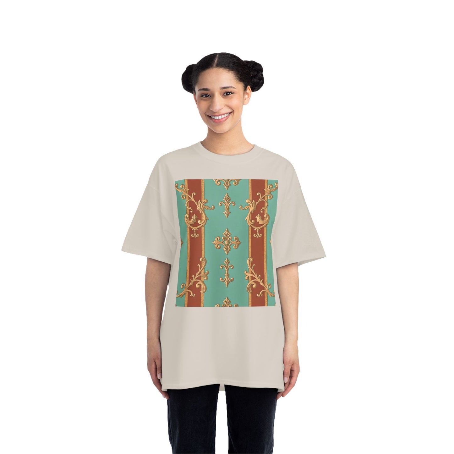 Elegant Vintage Patterned T-Shirt | Vintage Style Tee, Casual Wear, Retro Aesthetic - Rust & Mint Aqua Striped Baroque