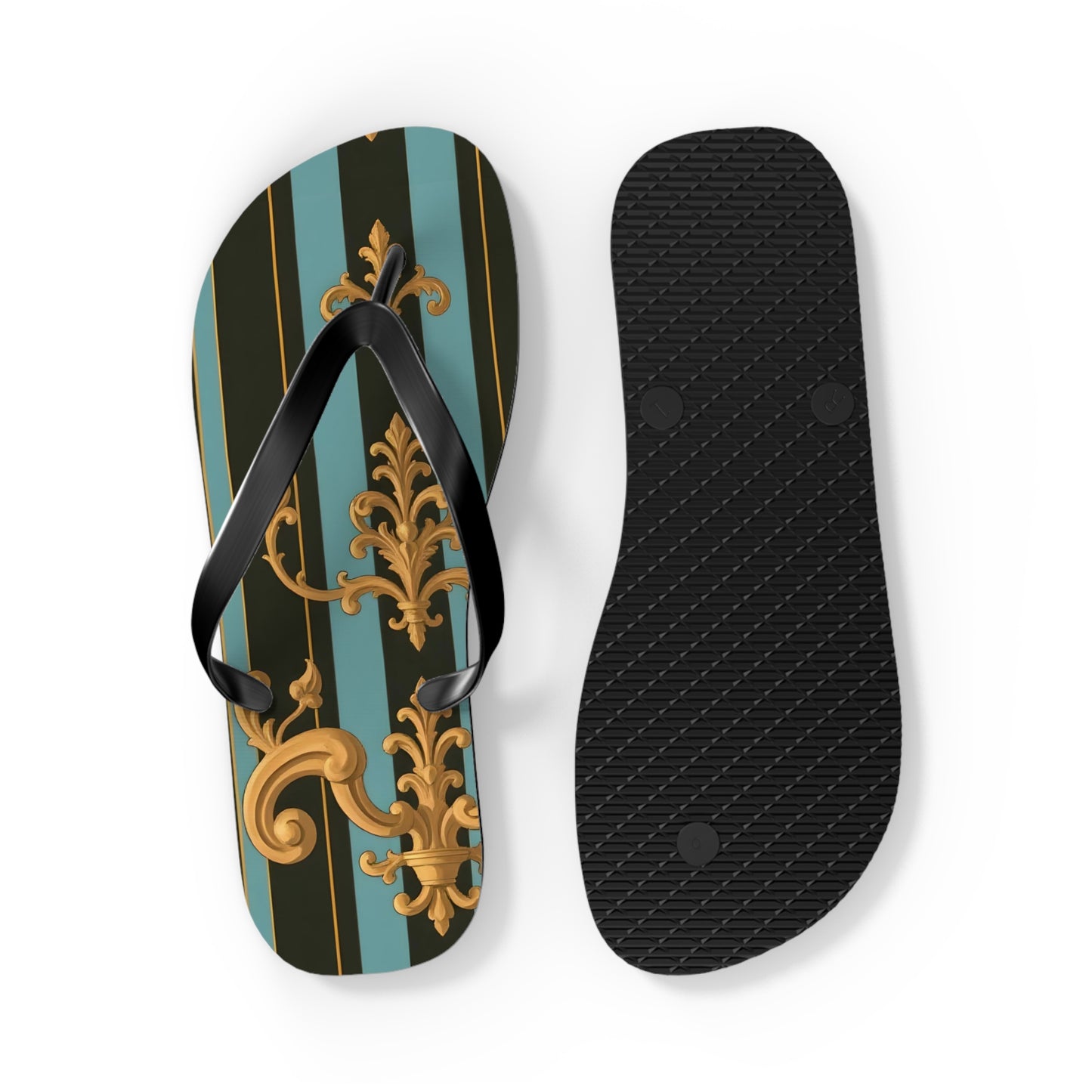 Elegant Striped Flip Flops, Stylish Beach Sandals, Summer Footwear, Vacation Essentials - Black & Turquoise Striped Baroque