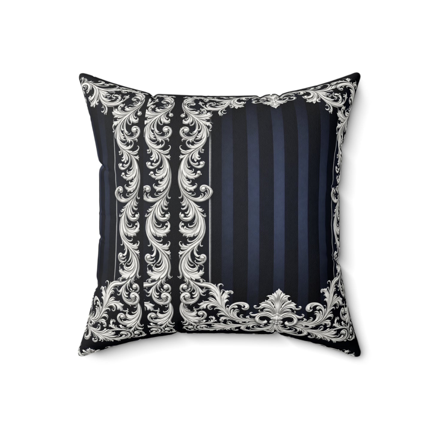 Navy Stripes & Baroque Suede Pillow — Decorative Square Throw Pillow with Ornate Silver Frame
