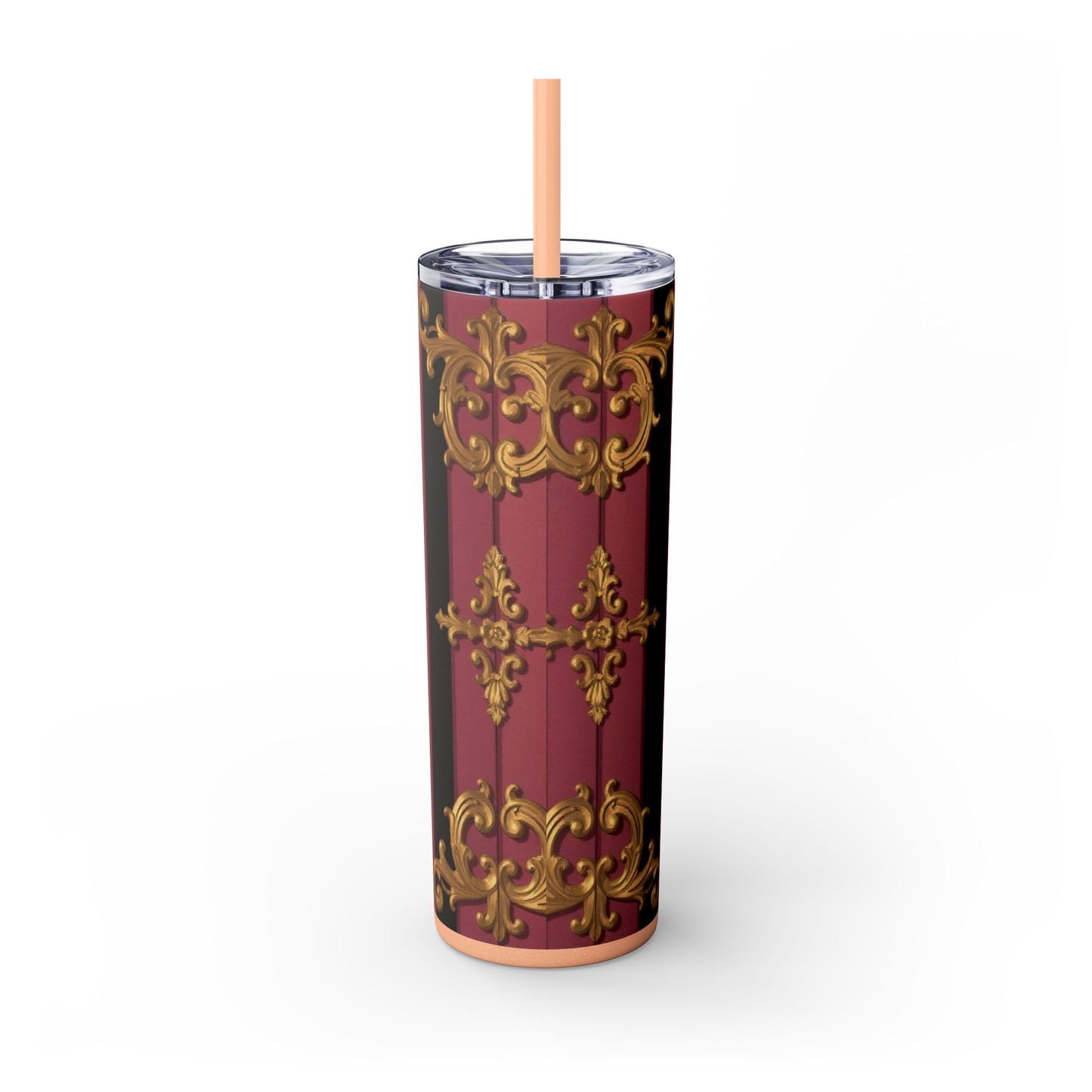 Elegant Black & Mauve Striped Gold Baroque Striped Skinny Tumbler with Straw, 20oz | Vintage Gold Accent Drinkware, Wedding Gift, Party Favor, Travel Mug