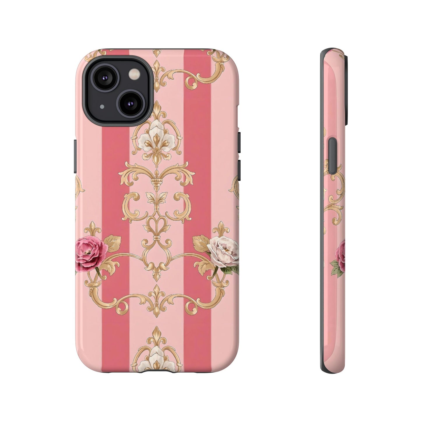 Elegant Floral Motif Phone Case - Tough Cases with Vintage Design - Pink Striped Roses & Damask