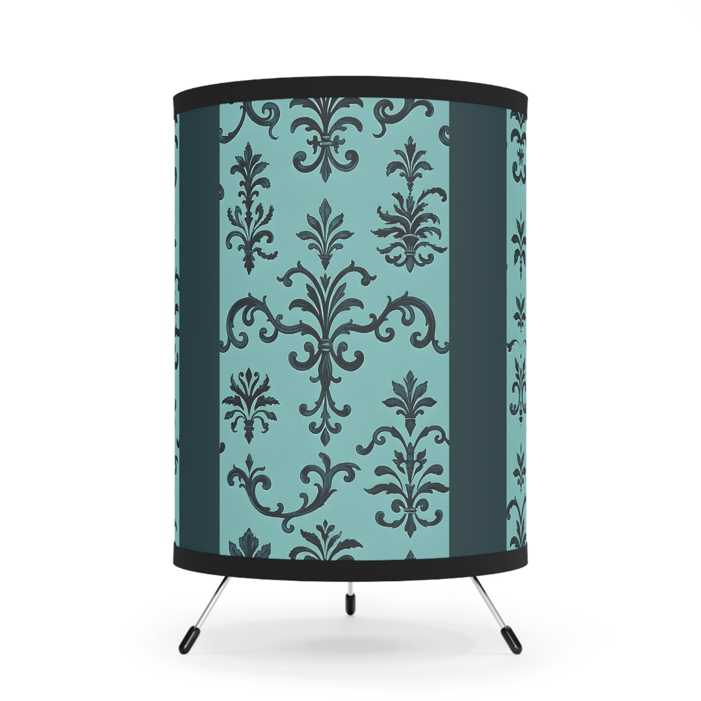 Elegant Tripod Lamp with High-Res Floral Printed Shade, Home Decor, Living Room Lighting, Design Lovers Gift - Teal Striped Rococo