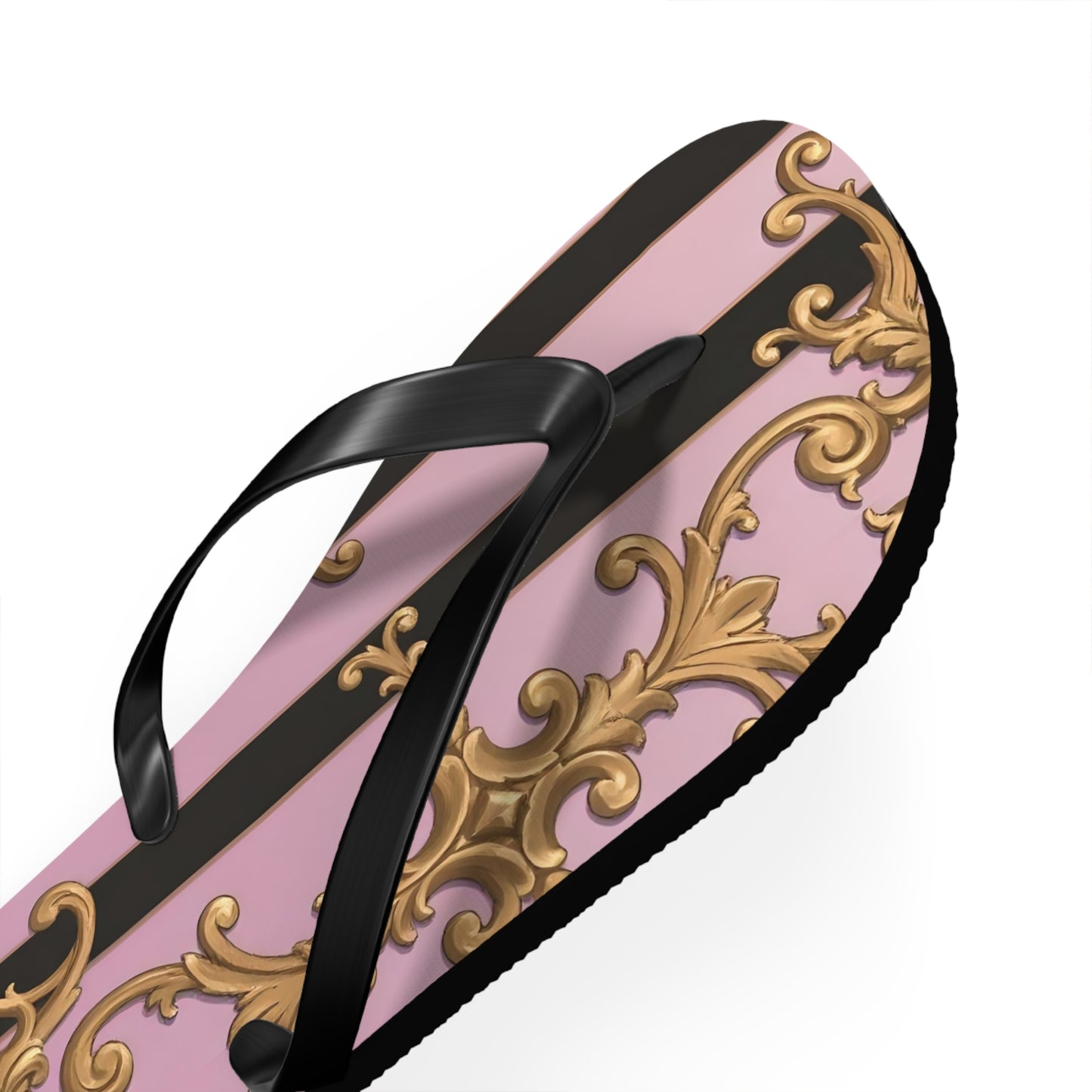 Chic Floral Flip Flops, Summer Sandals, Beach Footwear, Vacation Style, Poolside Essentials - Matte Lavender & Black Striped Gold Baroque