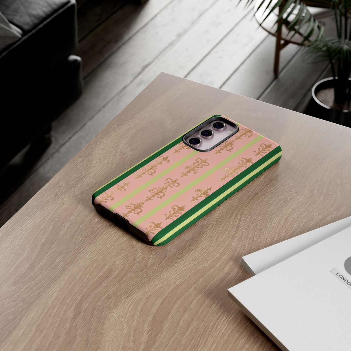 Elegant Floral Motif Phone Case - Tough Cases with Vintage Design - Lime Green & Pink Striped Damask