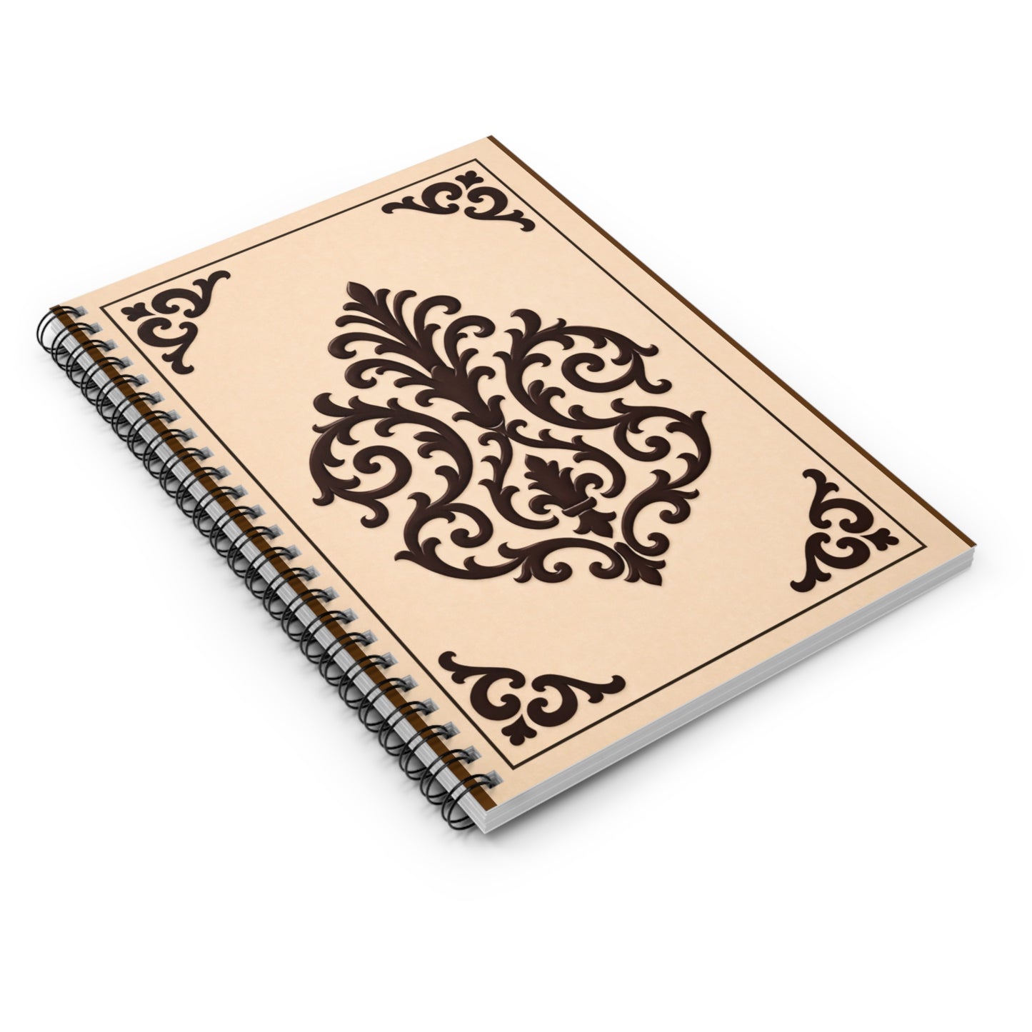 Almond-Beige & Brown Baroque Spiral Notebook — Lined Journal for Notes & Sketches