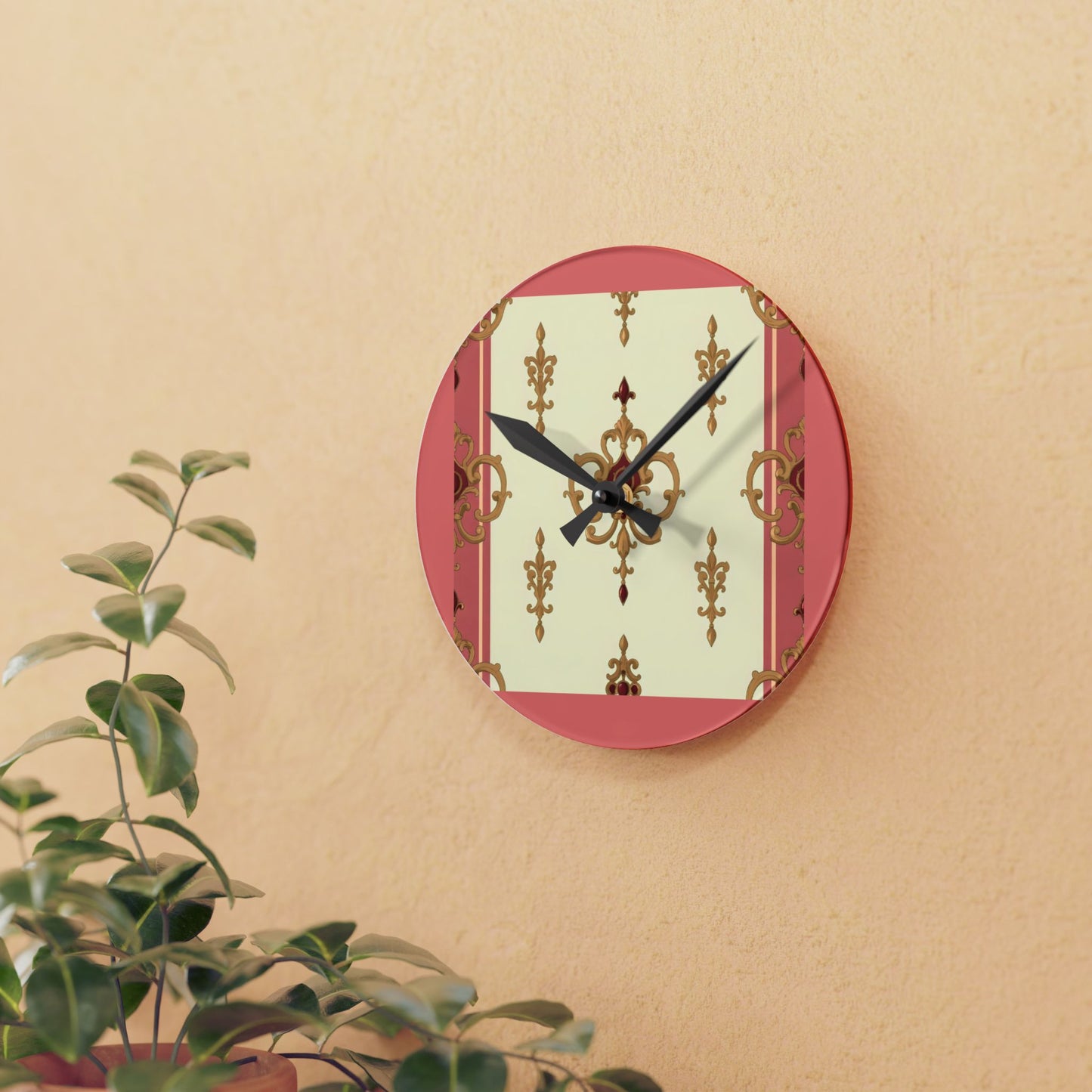 Bohemian Damask-Inspired Acrylic Wall Clock with Floral Design -  Mauve & Gold Design