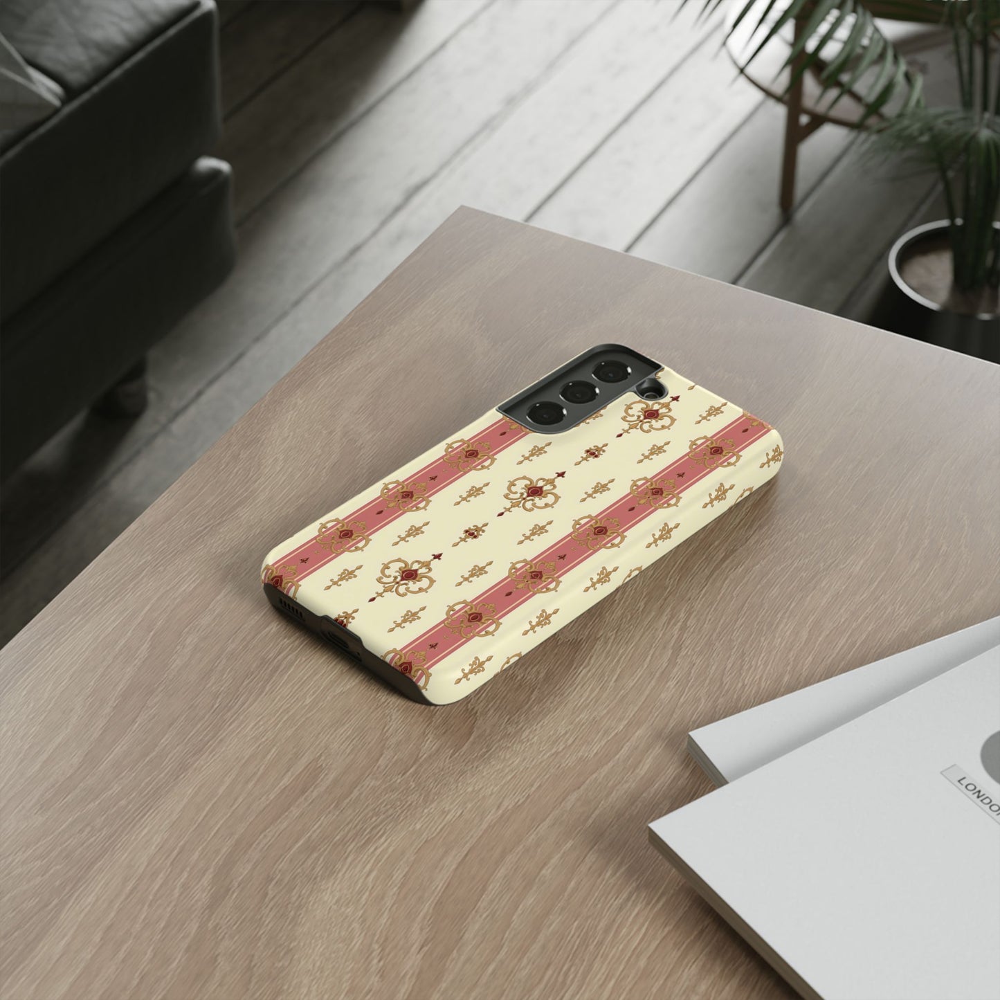 Elegant Floral Motif Phone Case - Tough Cases with Vintage Design - Mauve Striped Gold Damask