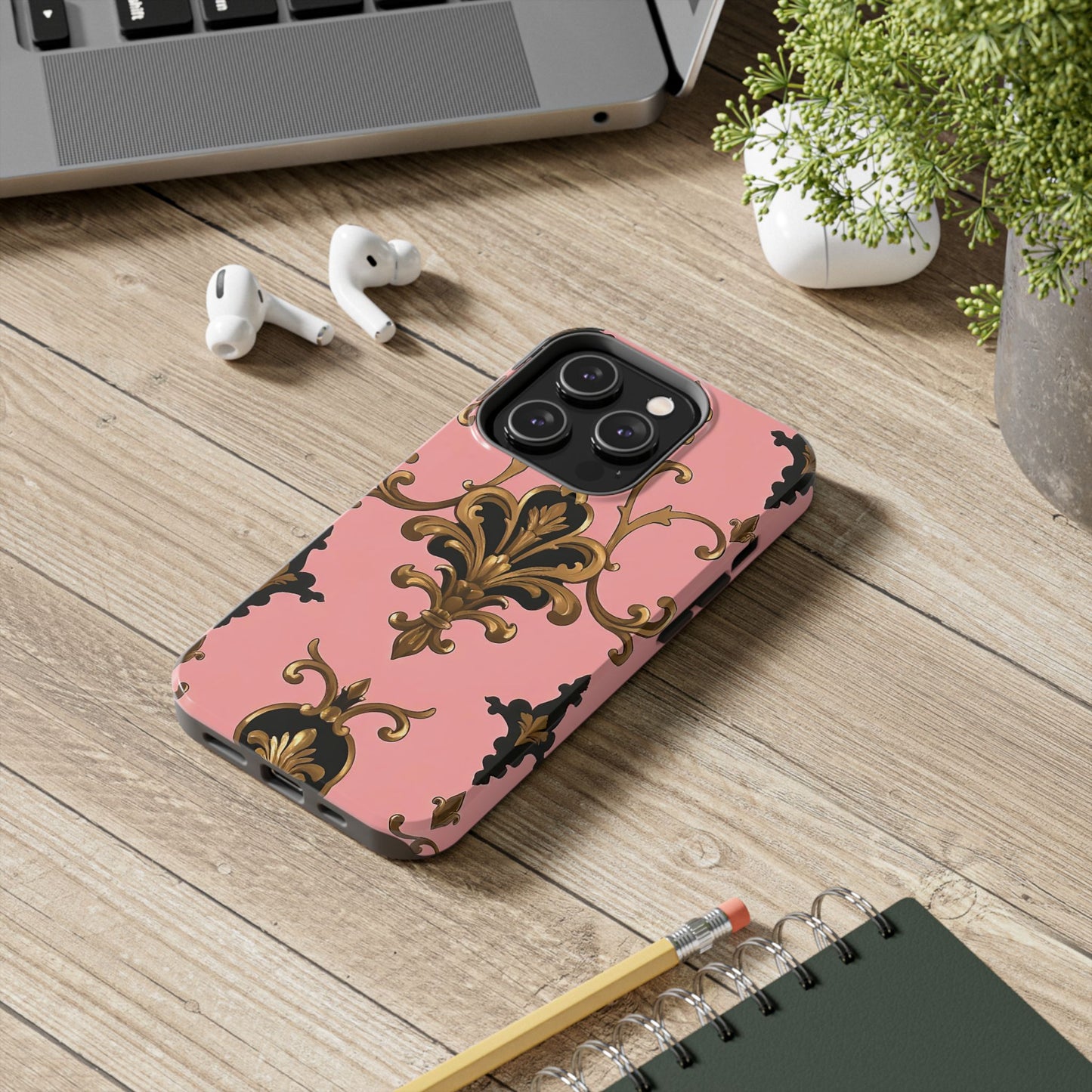 Chic Tough Phone Cases with Floral Design, Elegant Phone Cover, Durable Smartphone Case, Stylish Tech Accessory - Pink, Black & Gold Rococo