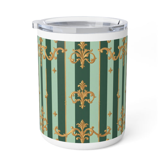 Elegant Insulated Coffee Mug | Ideal for Home, Office, Gifts, Tea Lovers, Travel - Mint Green & Teal Striped Gold Baroque