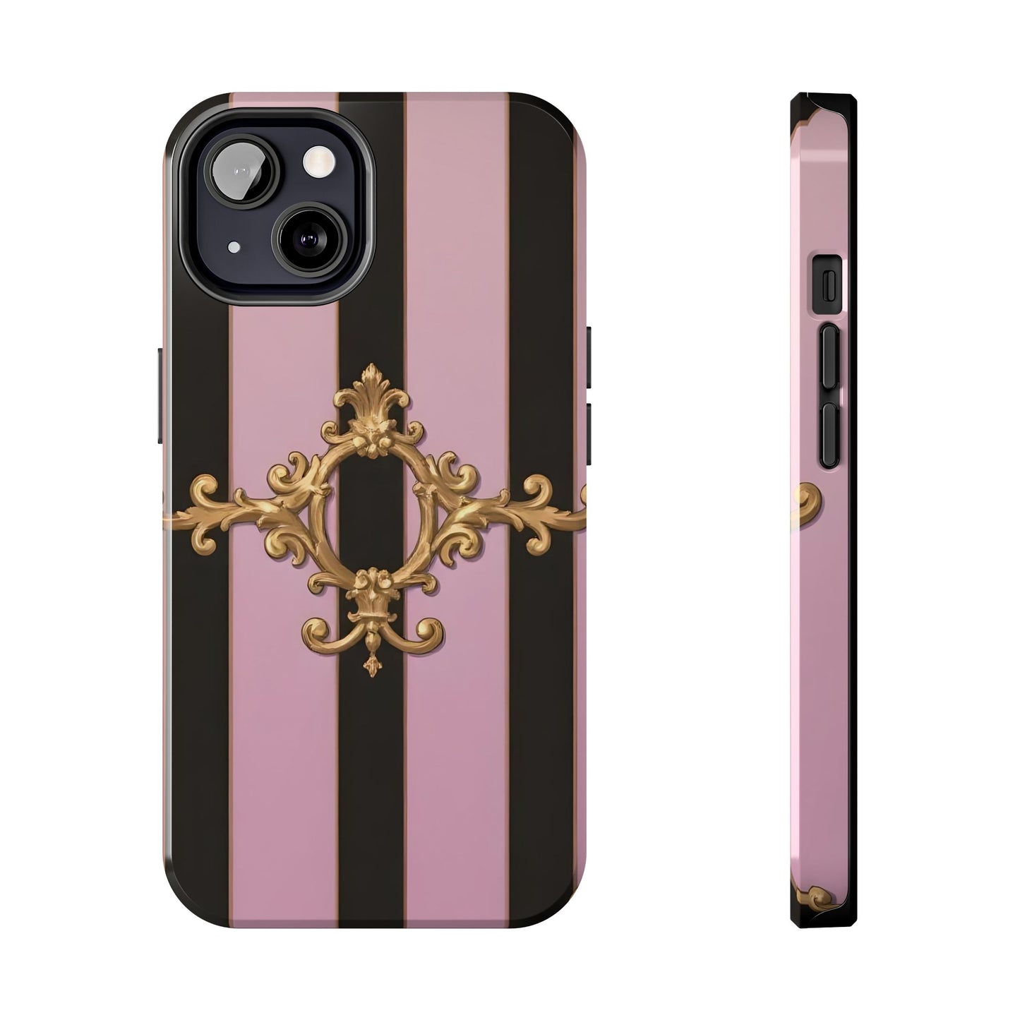 Stylish Tough Phone Case for Elegant Protection, Fashionable Accessories, Smartphone Cover - Matte Lavender & Black Striped Gold Baroque
