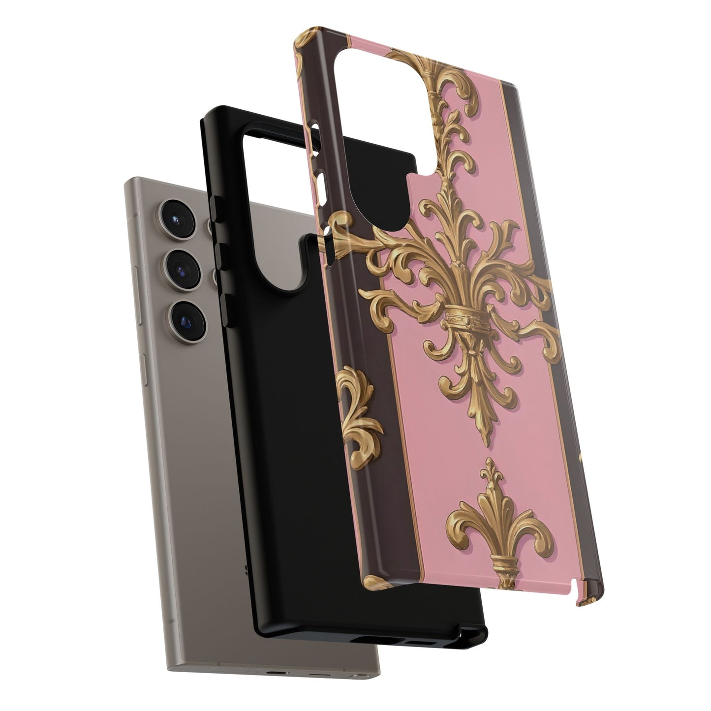 Elegant Floral Motif Phone Case - Tough Cases with Vintage Design - Pink & Brown Striped Gold Damask