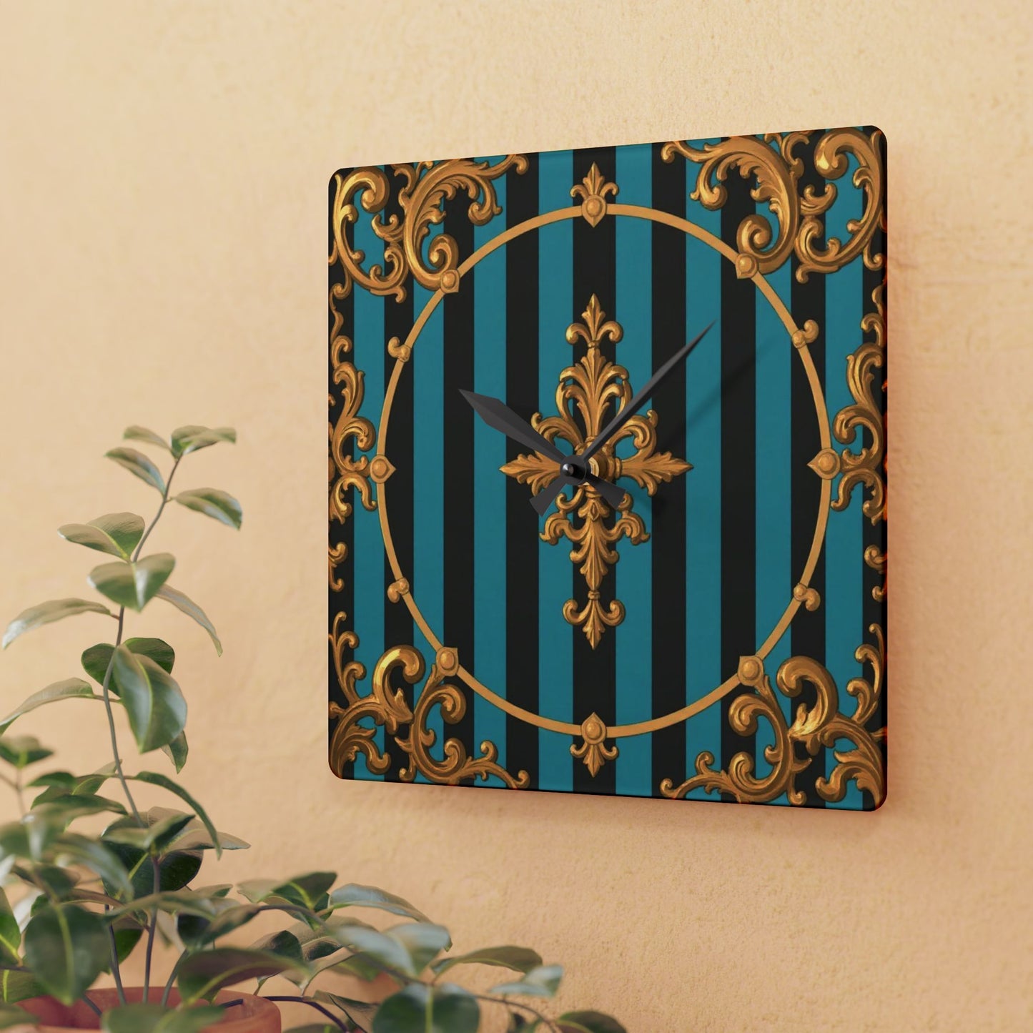 Elegant Turquoise & Black Striped Gold Baroque Acrylic Wall Clock, Gold Accents, Home Decor, Gift for Housewarming, Birthday, Stylish Wall Art