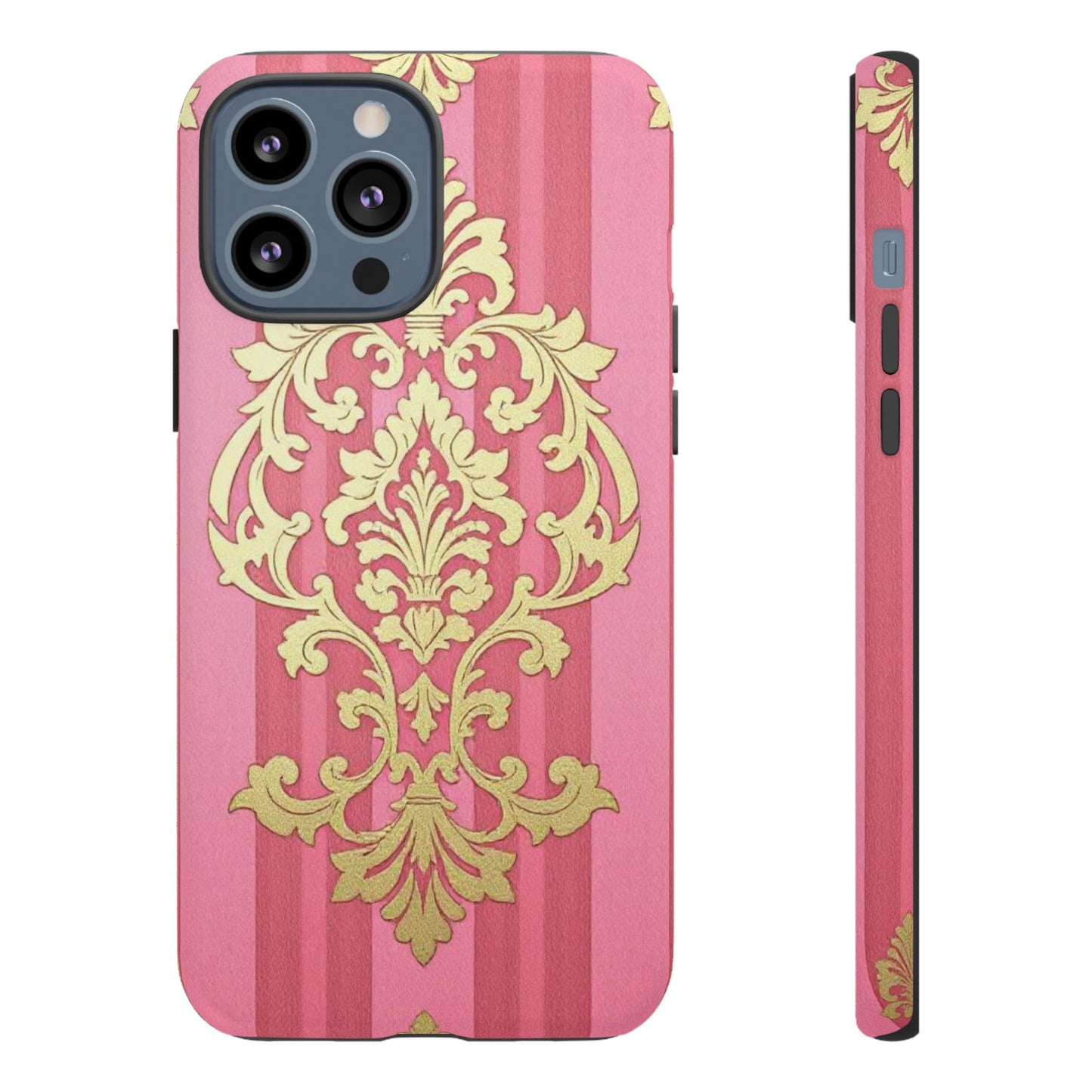 Elegant Floral Motif Phone Case - Tough Cases with Vintage Design - Pink Striped Damask