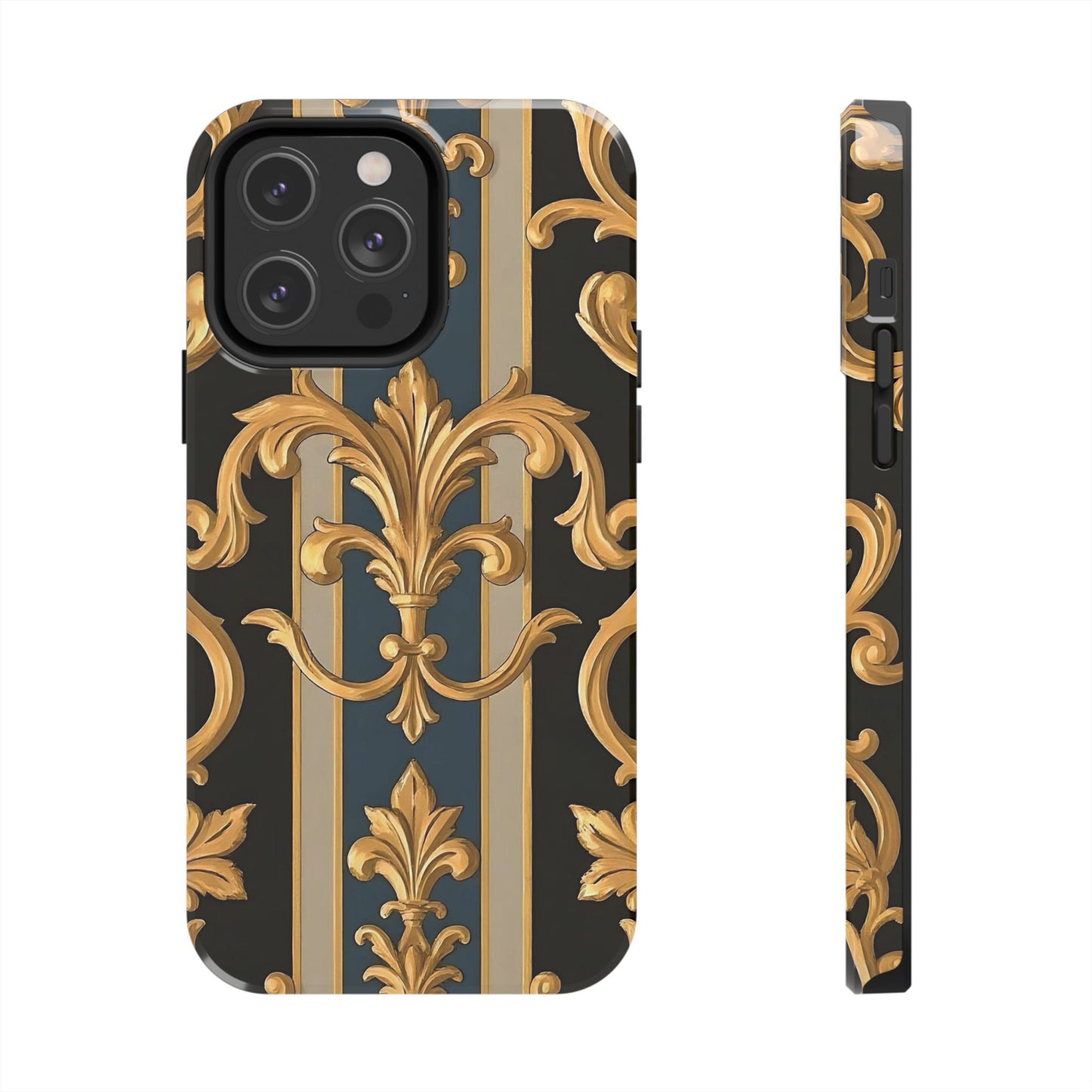Elegant Rococo Phone Cases, Tough iPhone Case, Floral Design Case, Luxury Phone Cover - Blue & Black Striped Rococo