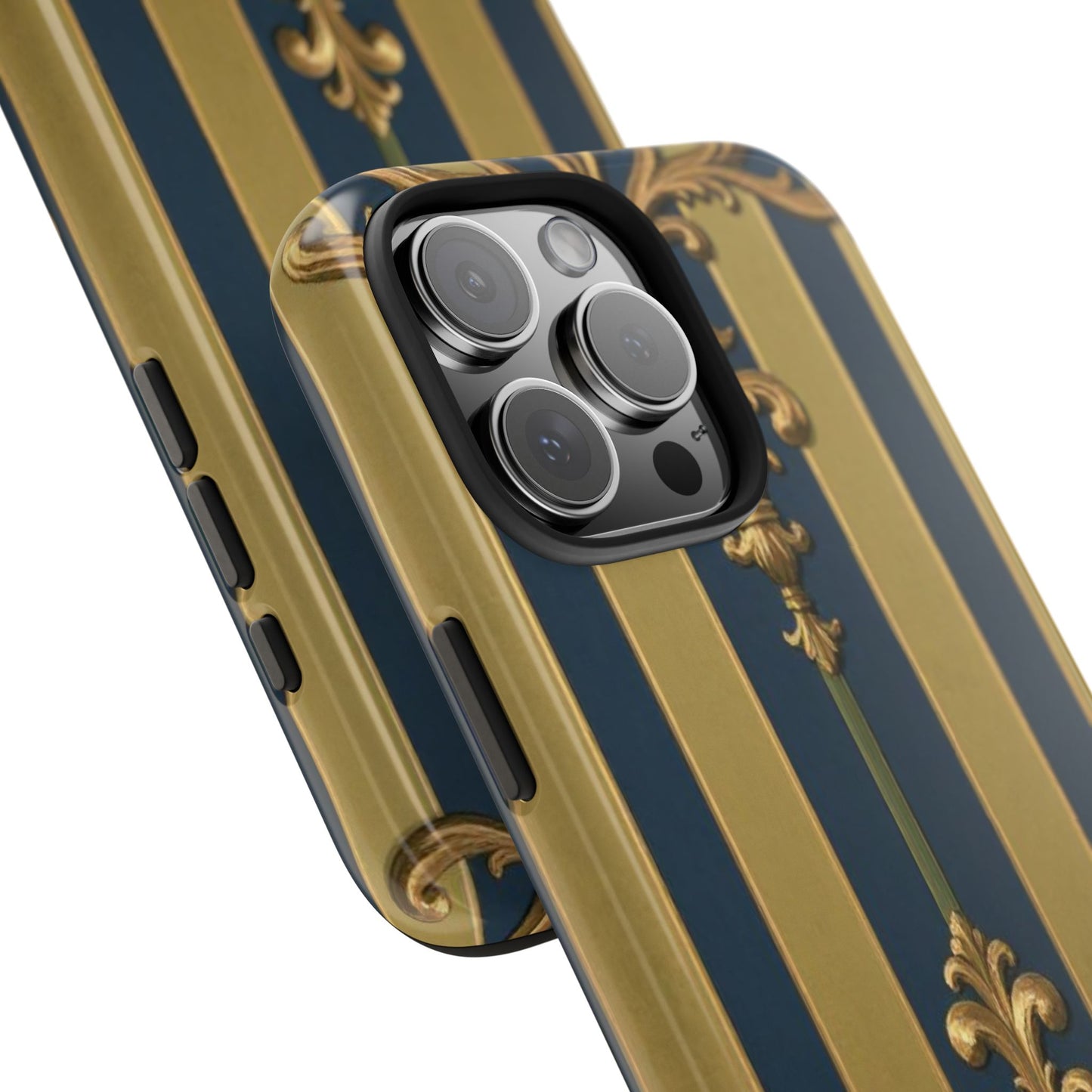 Elegant Midnight Blue & Olive Striped Gold Baroque Tough Phone Case, Phone Cover, Durable Case for Protection, Stylish Gift for Him/Her