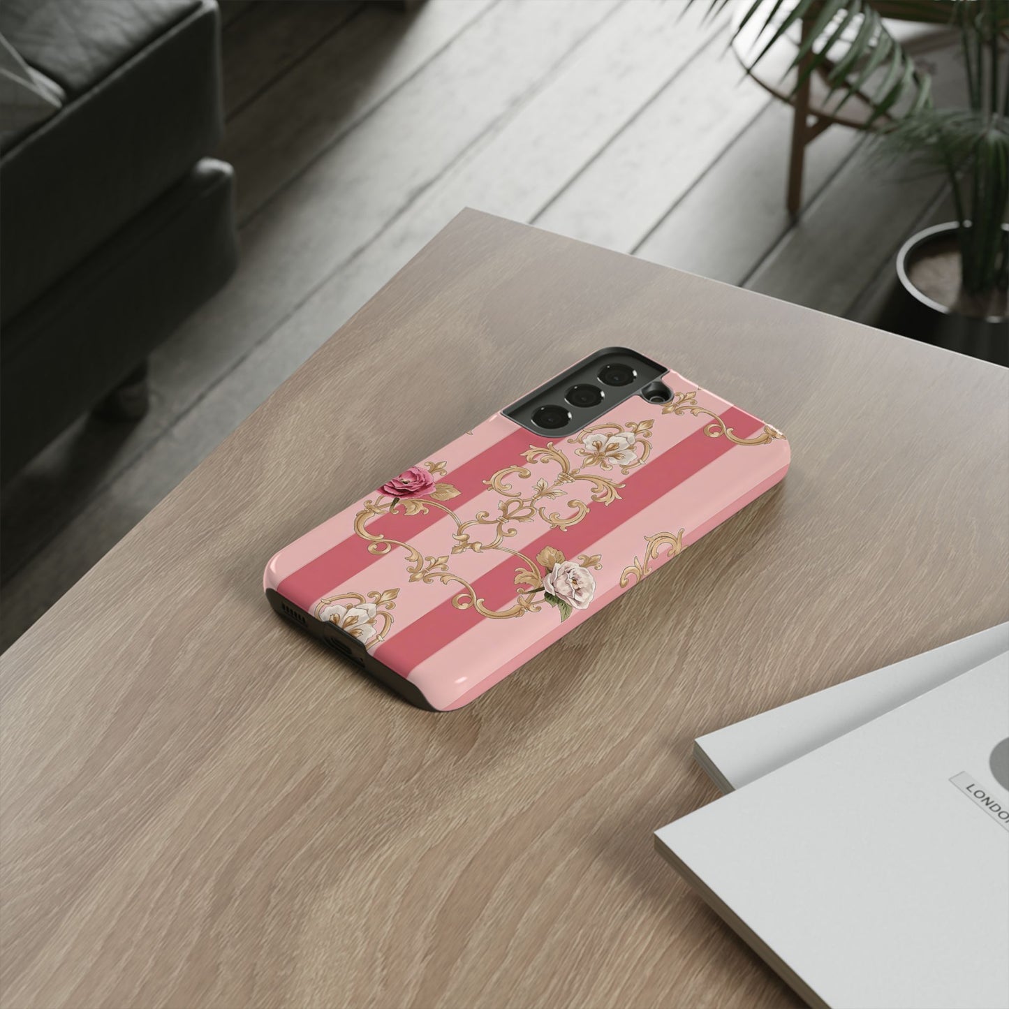 Elegant Floral Motif Phone Case - Tough Cases with Vintage Design - Pink Striped Roses & Damask