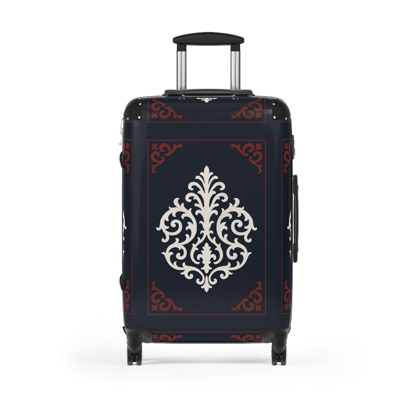 Dusk Blue-Maroon & White Baroque Carry-On Suitcase — Elegant Travel Luggage with Vintage White Medallion