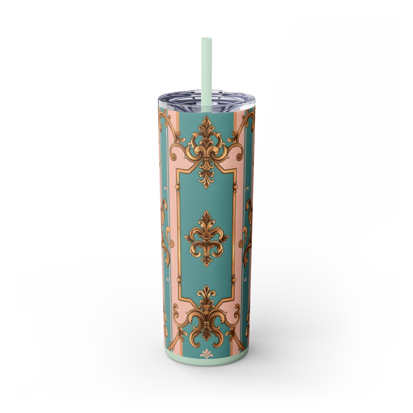 Elegant Floral Skinny Tumbler, 20oz Travel Mug, Stylish Drinkware, Perfect Gift for Her, Vintage Inspired - Pink & Matte Turquoise Striped Rococo
