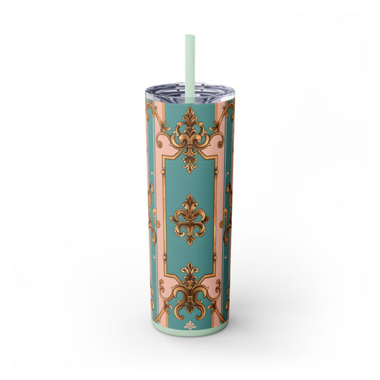 Elegant Floral Skinny Tumbler, 20oz Travel Mug, Stylish Drinkware, Perfect Gift for Her, Vintage Inspired - Pink & Matte Turquoise Striped Rococo