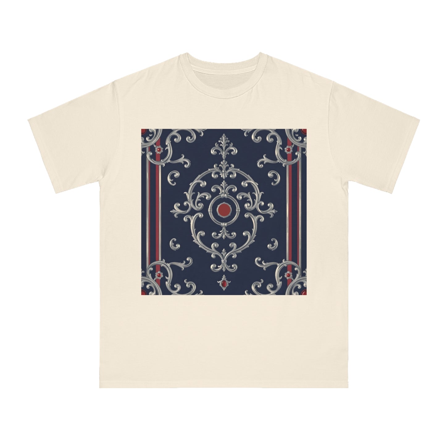Vintage Pattern Organic Unisex T-Shirt | Baroque Style Tee, Casual Wear, Unique Gift, Eco-Friendly Fashion - Blue & Red Striped Silver Baroque