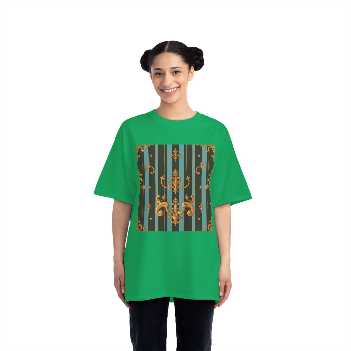 Elegant Vintage Pattern T-Shirt, Stylish Tee for Everyday Wear, Retro Design Shirt, Perfect Gift for Art Lovers - Black & Turquoise Striped Baroque