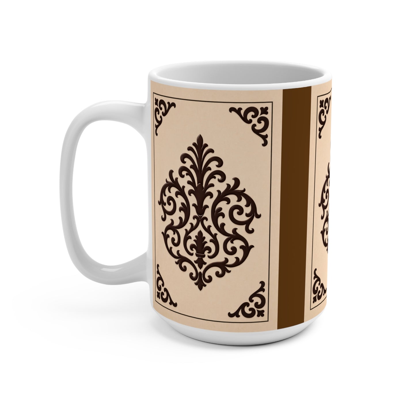 Almond-Beige & Brown Baroque 15oz Mug — Classic Brown Vintage Baroque Coffee Cup - White