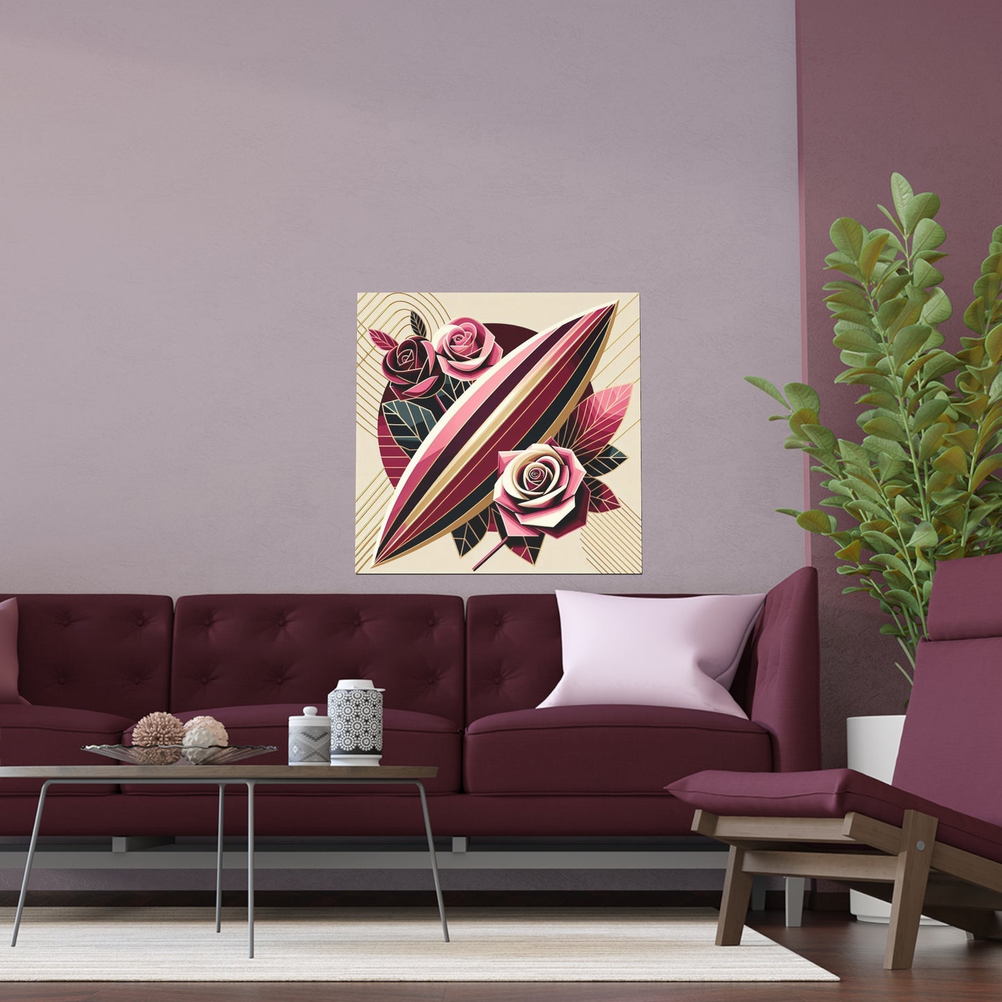Elegant Floral Silk Poster - Indoor/Outdoor Wall Art for Home Decor - Pink & Burgundy Striped Surfboard & Roses