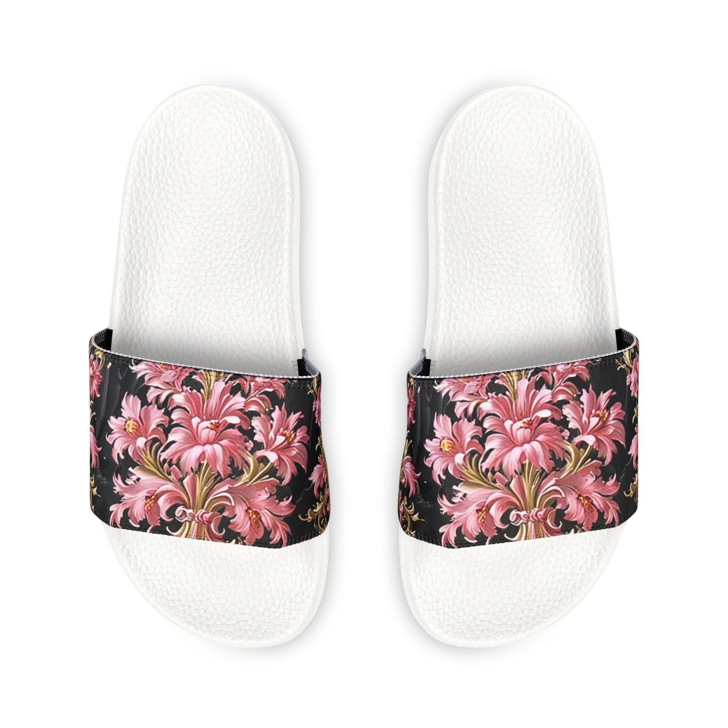 Floral Women's Sandals | Trendy Summer Footwear, Vacation Slip-Ons, Beach Sandals, Stylish Slip-Ons - Black & Pink Oil Painting Style Rococo