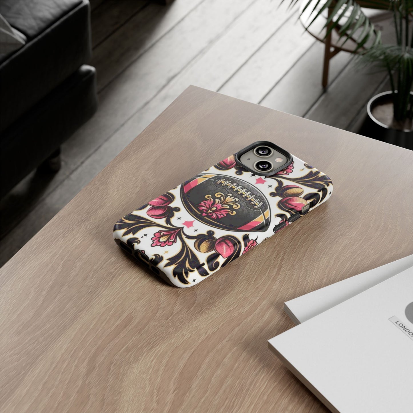 Elegant Floral Motif Phone Case - Tough Cases with Vintage Design - Damask White, Pink Gold & Black Football
