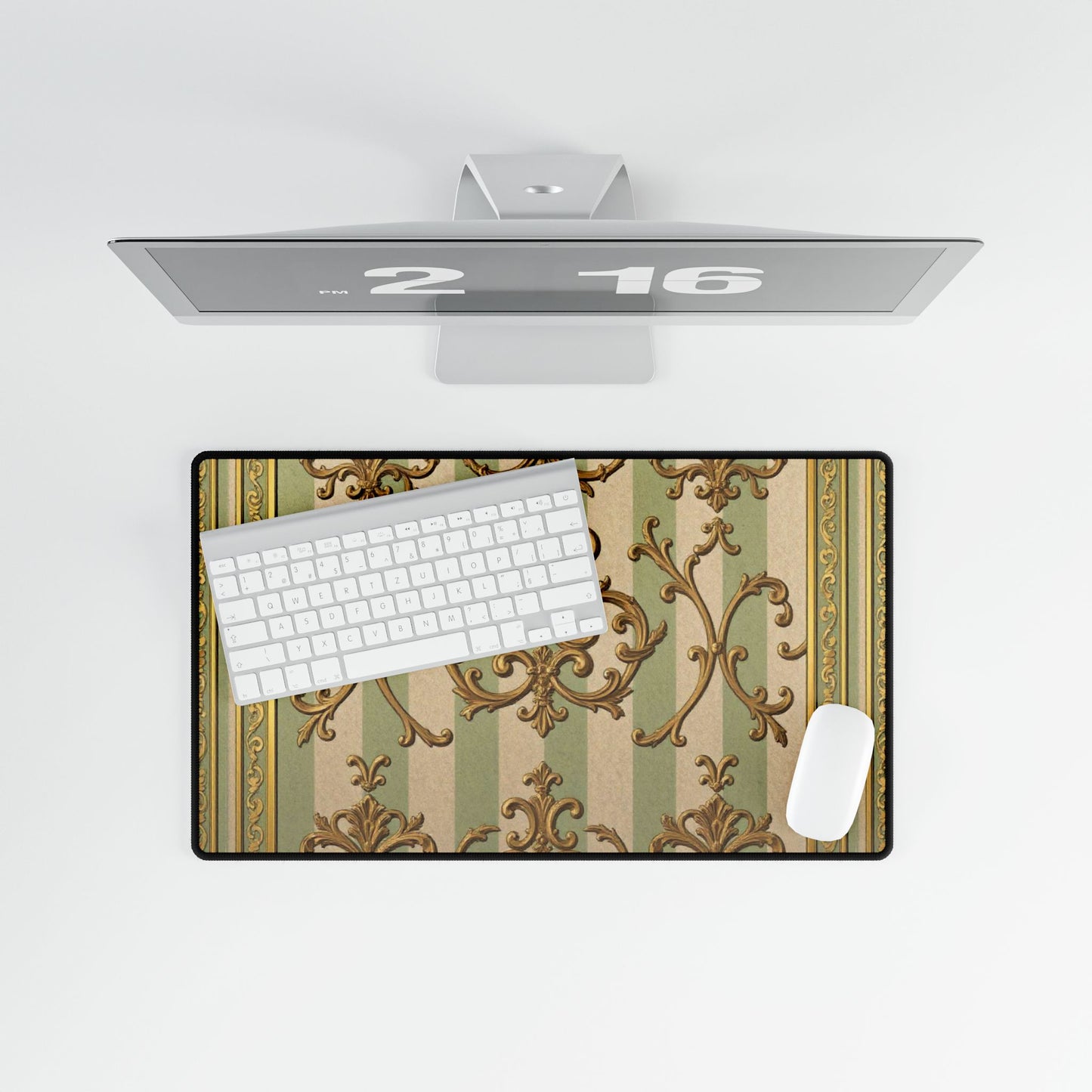 Elegant Vintage Desk Mat, Luxurious Desk Pad for Home Office, Stylish Keyboard Mat, Computer Mouse Pad - Mint Green & Beige Striped Gold Baroque