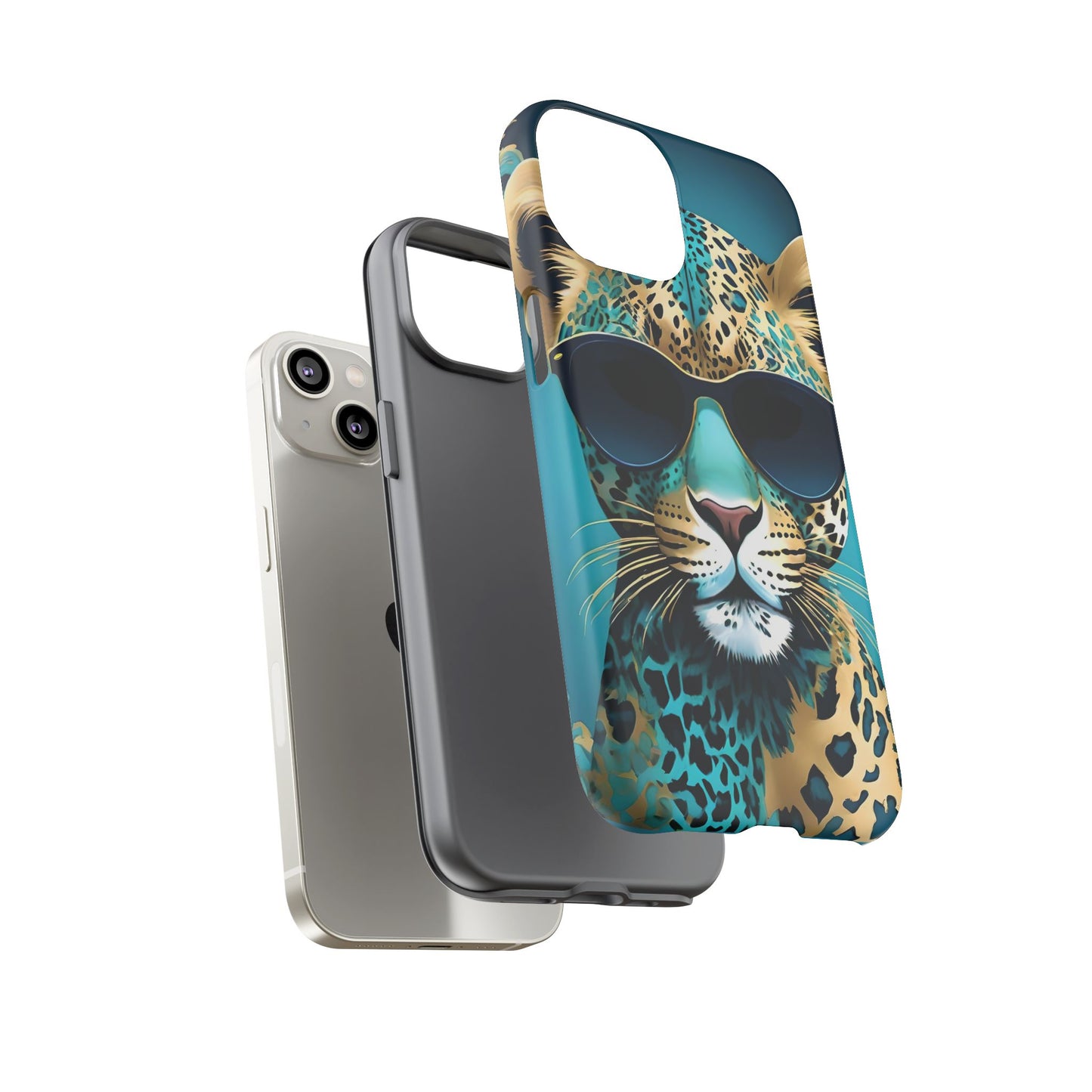 Phone Case - Aqua & Gold Leopard In Sunglasses Design
