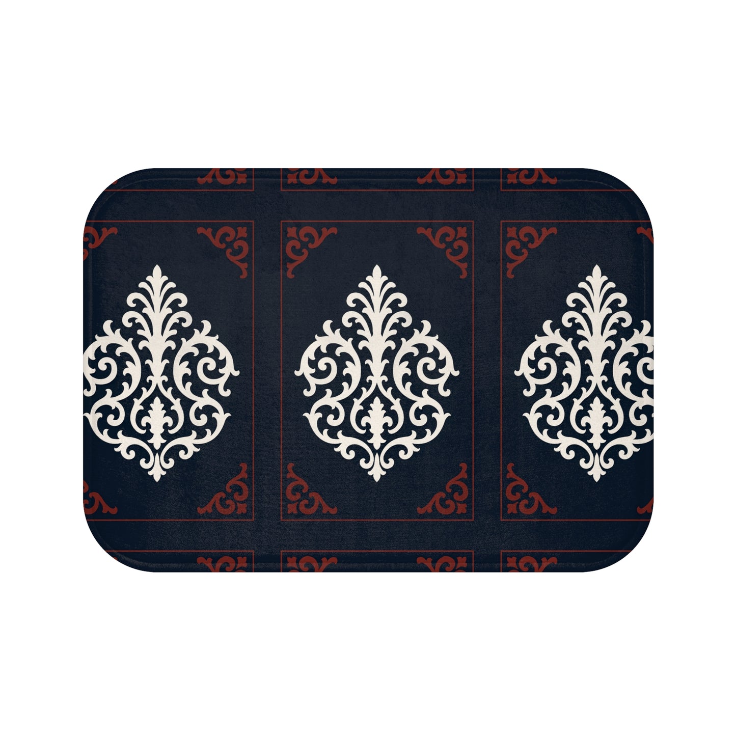 Dusk Blue-Maroon & White Baroque Bath Mat — Dusk Blue & White Ornamental Bathroom Rug