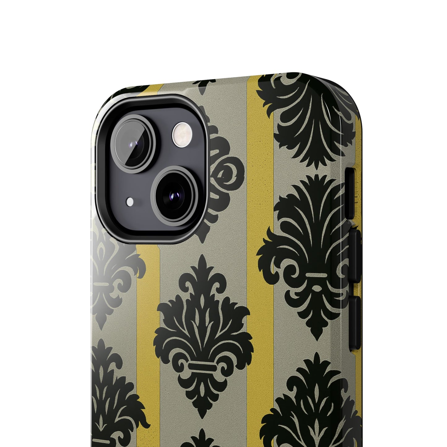 Elegant Baroque Tough Phone Cases | Chic Phone Protection | Gift for Her | Stylish Accessory | Holiday Gift Idea | Silver & Gold Striped Black Baroque