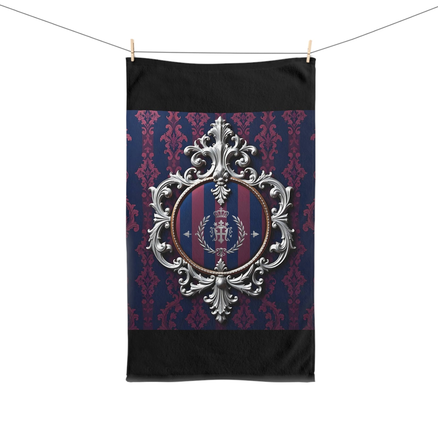 Elegant Baroque Hand Towel, Luxe Bathroom Decor, Unique Gift for Housewarming, Soft Cotton Towel - Blue & Plum Striped Silver Crest