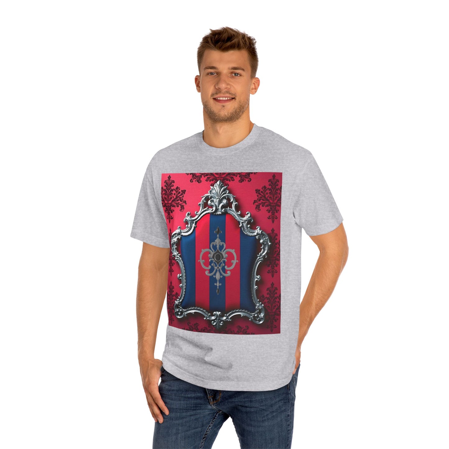 Vintage Couture Shield Unisex Classic Tee, Fashion T-Shirt, Gift for Fashion Lovers, Casual Wear, Unique Graphic Shirt - Blue & Red Striped Silver Crest
