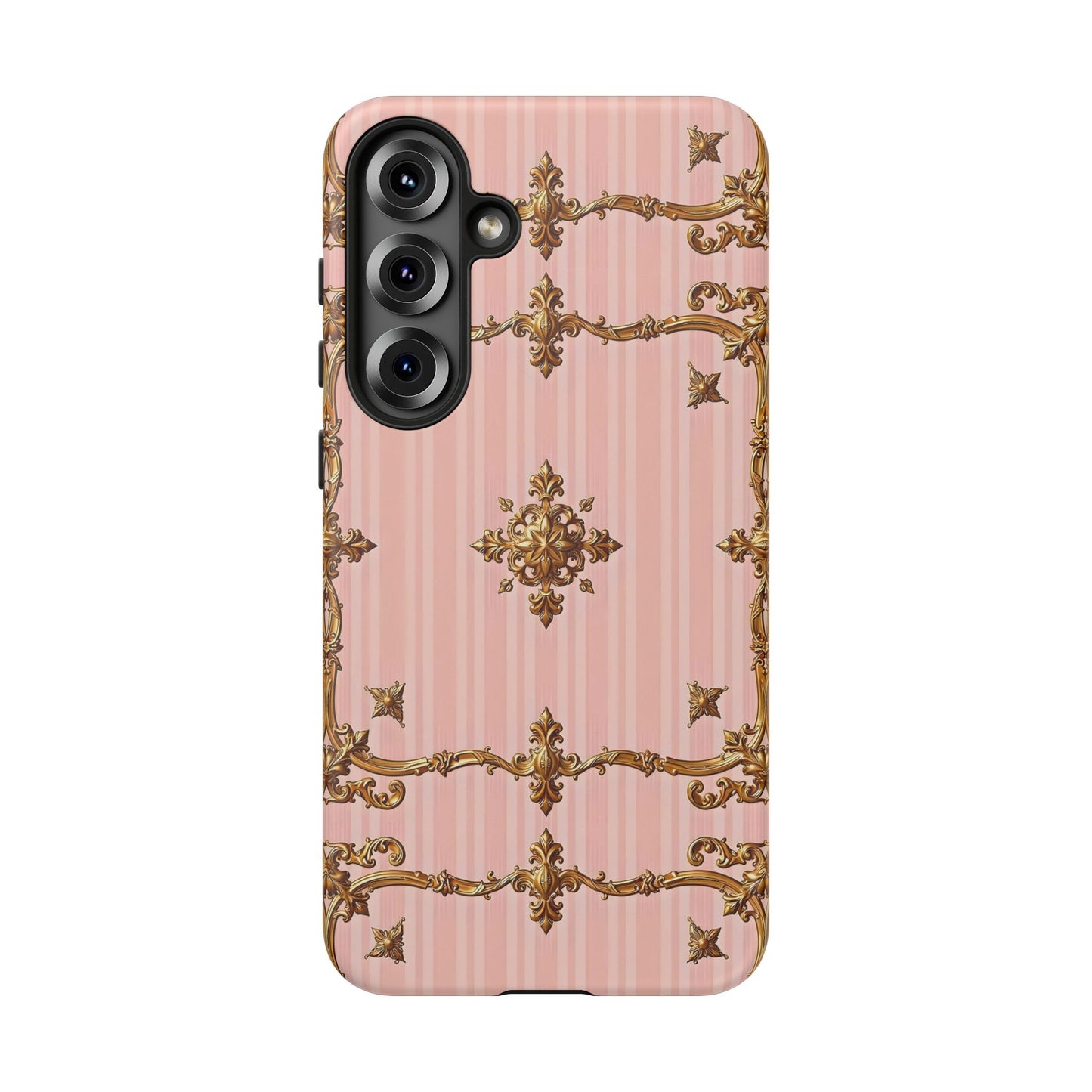 Elegant Floral Phone Case, Tough Cases for Women, Trendy Phone Cover, Chic Gift - Pink Striped Gold Baroque
