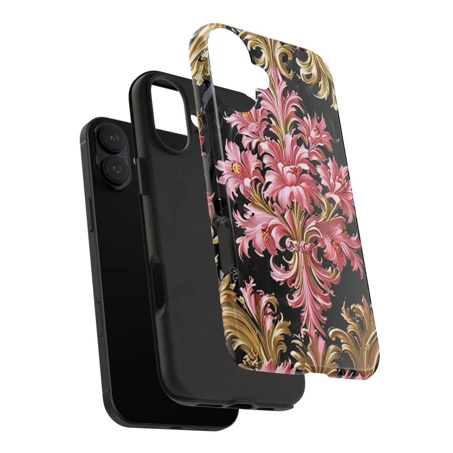 Elegant Floral Tough Phone Cases | Stylish Protection for Her | Gift for Birthdays - Black & Pink Oil Painting Style Rococo