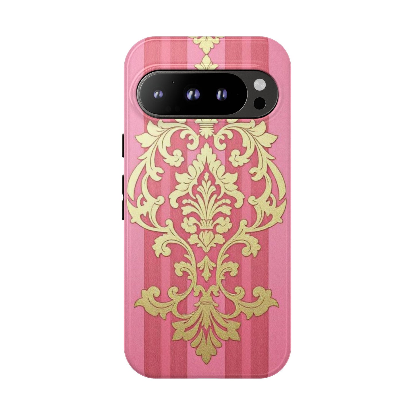 Elegant Floral Motif Phone Case - Tough Cases with Vintage Design - Pink Striped Damask