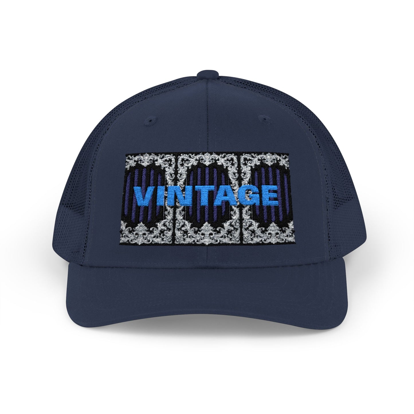 Vintage Navy Stripes & Baroque Trucker Cap — Retro 'VINTAGE' Embroidered Snapback