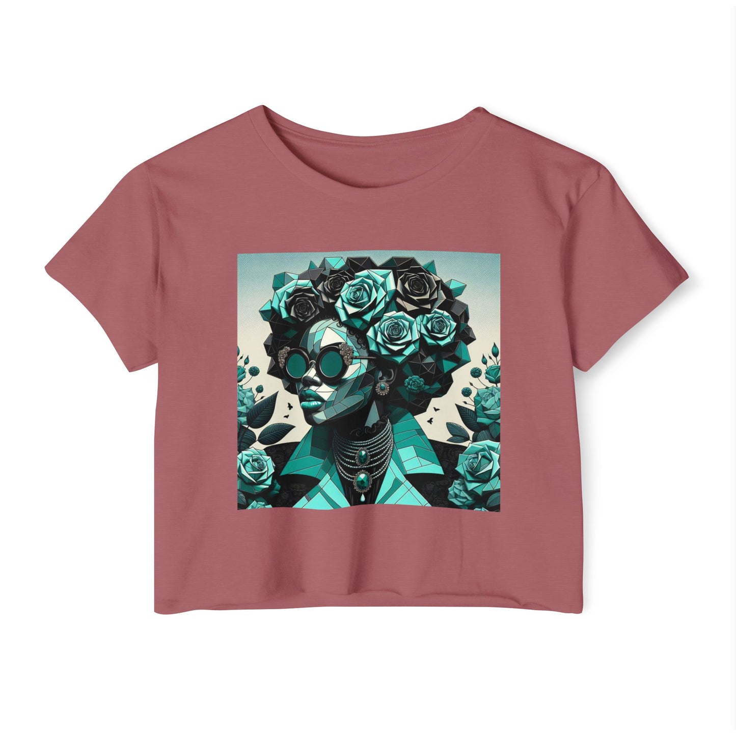 Women's Festival Crop Top with Artistic Floral Design, Boho Clothing, Trendy Summer Style, Perfect for Music Festivals - Turquoise & Black Roses Lady