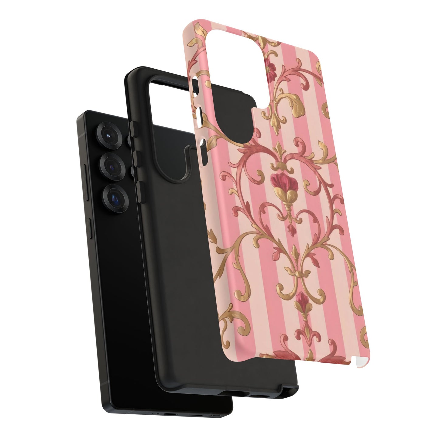 Elegant Floral Motif Phone Case - Tough Cases with Vintage Design - Pink Striped Rose Gold Damask