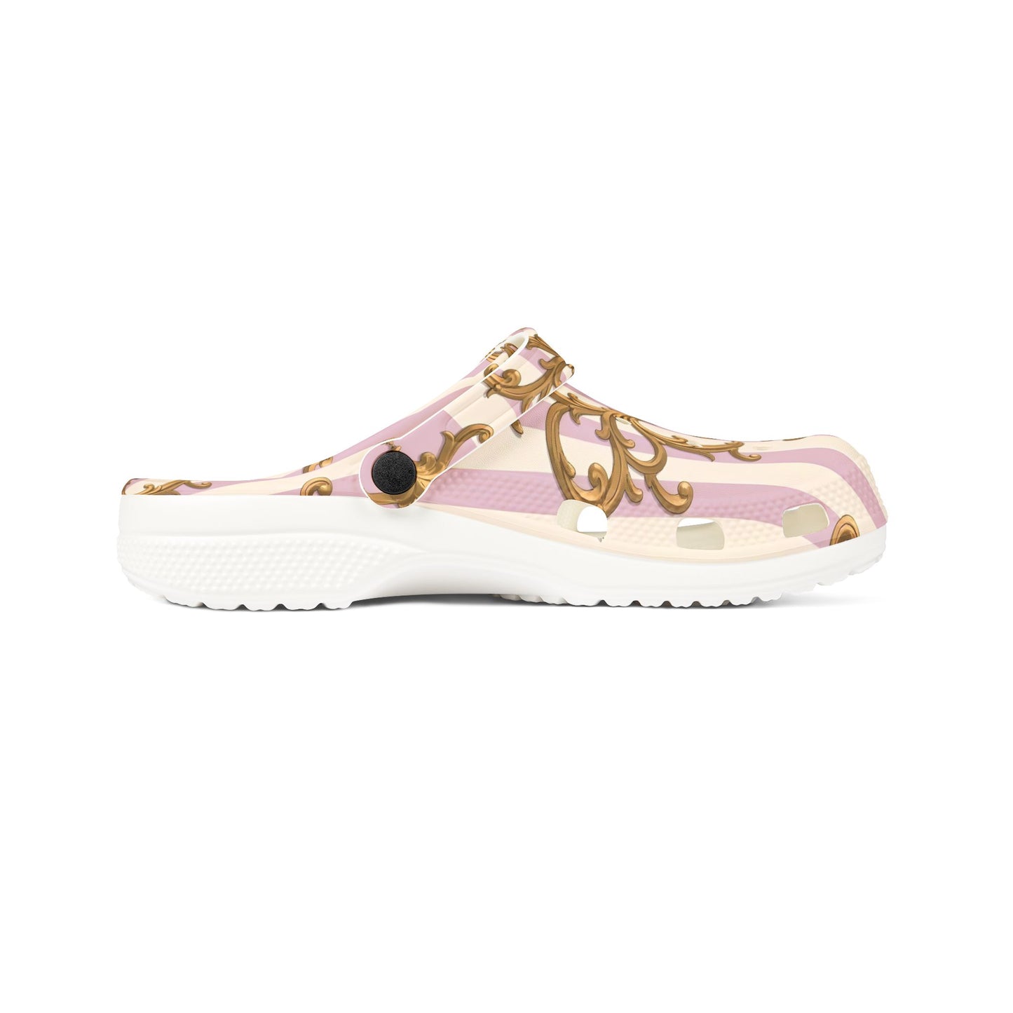 Chic Floral Clogs - Stylish EVA Foam Slip-On Shoes, Cute Garden Footwear, Comfortable Walkers - Lilac & Alabaster Striped Gold Baroque